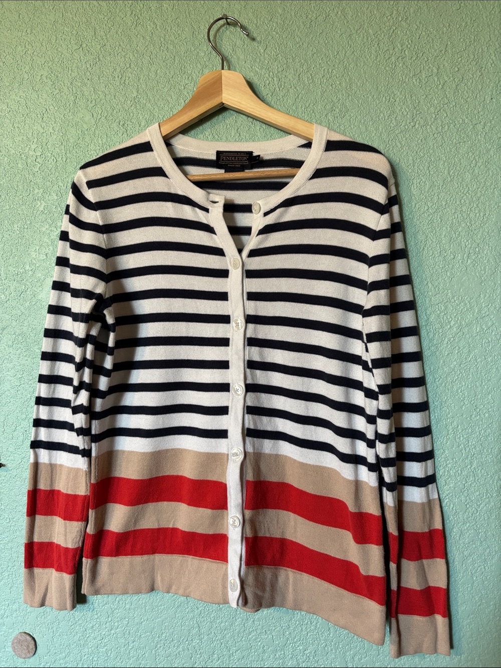 Pendleton Striped Button-Front Women’s Cardigan Navy White Red Tan Size S Good